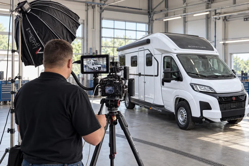 KI-Fotomontage: Andreas mit Sony-Kamerarig, externem Monitor, Videostativ und Softbox bei einer Produktion mit dem Bürstner Signature SFT 7.1