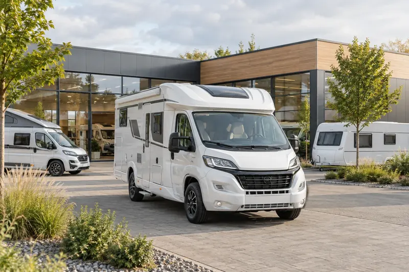 Reisemobile vor einem modernen Caravaning-Betrieb – KI-Fotomotiv