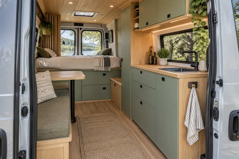 Camperausbau mit Küche und Schlafbereich – KI-Fotomotiv