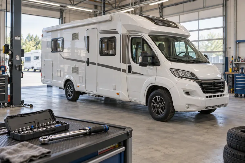 Reisemobil in einer Servicewerkstatt – KI-Fotomotiv