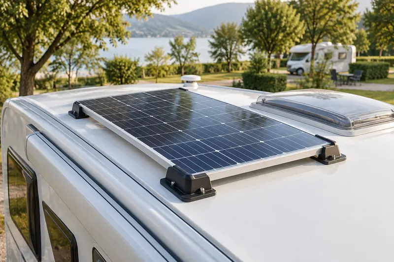 Solarmodule auf dem Dach eines Reisemobils – KI-Fotomotiv