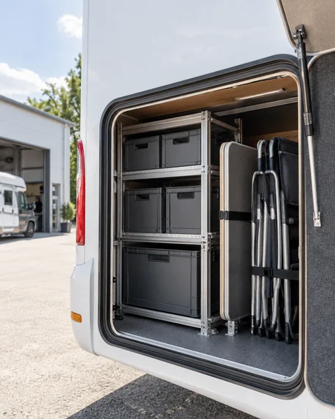 KI-Motiv: geordnete Heckgarage eines Reisemobils mit Regalsystem
