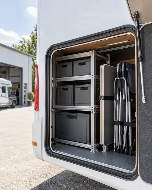 KI-Motiv: geordnete Heckgarage eines Reisemobils mit Regalsystem