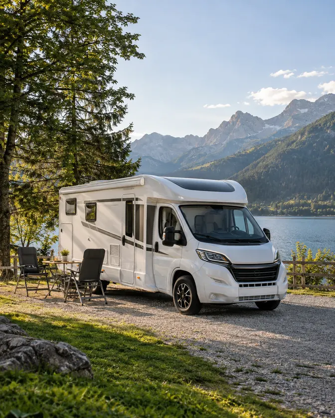 KI-Motiv: Reisemobil an einem See in den Bergen
